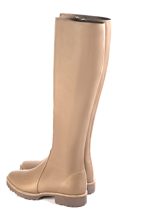 Tan beige women's riding knee-high boots. Round toe. Flat rubber soles. Made to measure. Rear view - Florence KOOIJMAN